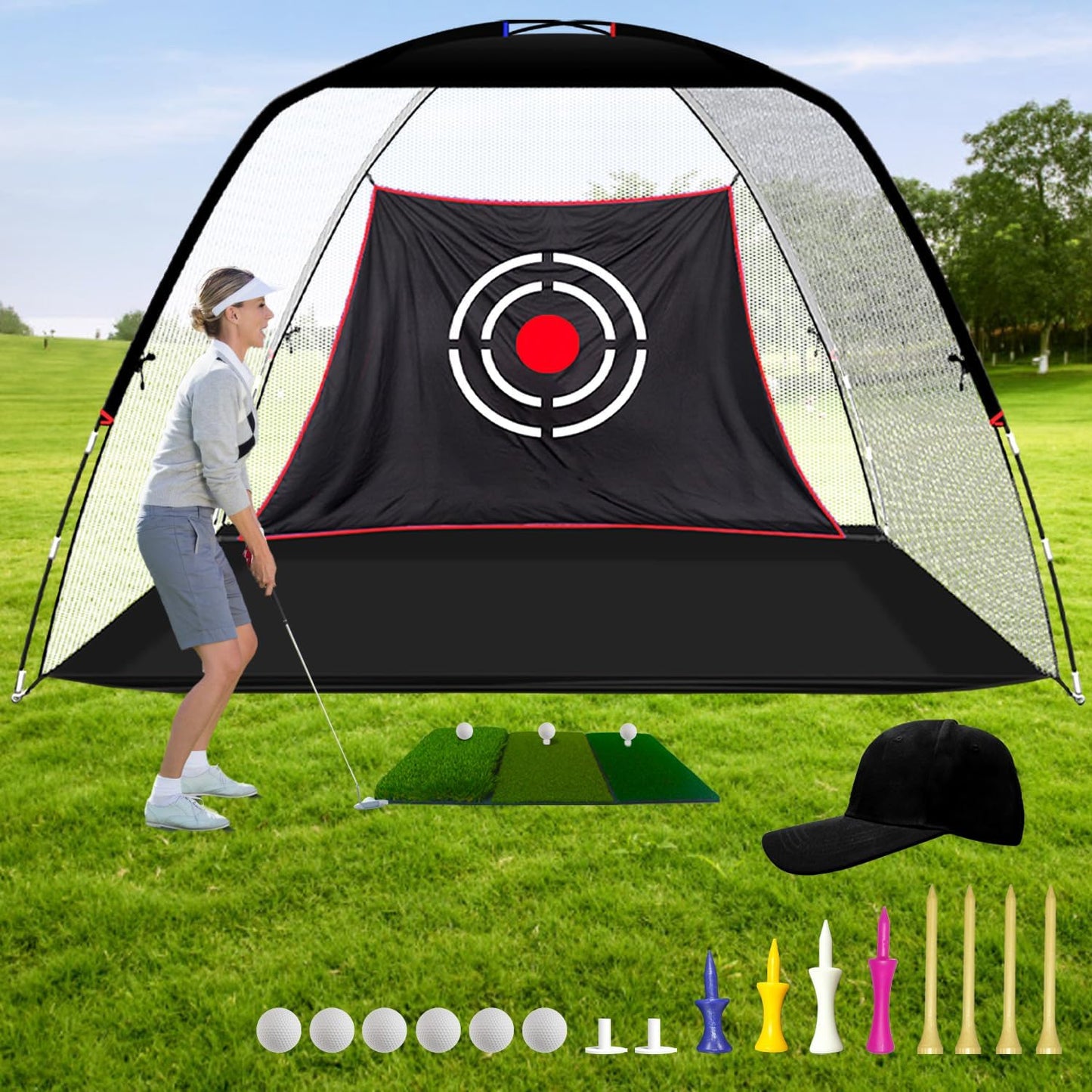 Golf Net for Backyard Practice: Hitting Net with Mat & Target – Training for Driving Chipping Swing Golf Gift for Dad Husband Men
