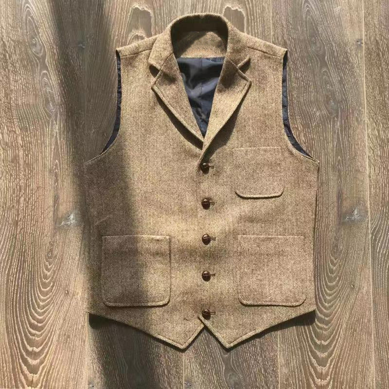 Mens Retro Khaki Hunting-Style Multi-Pocket Casual Vest
