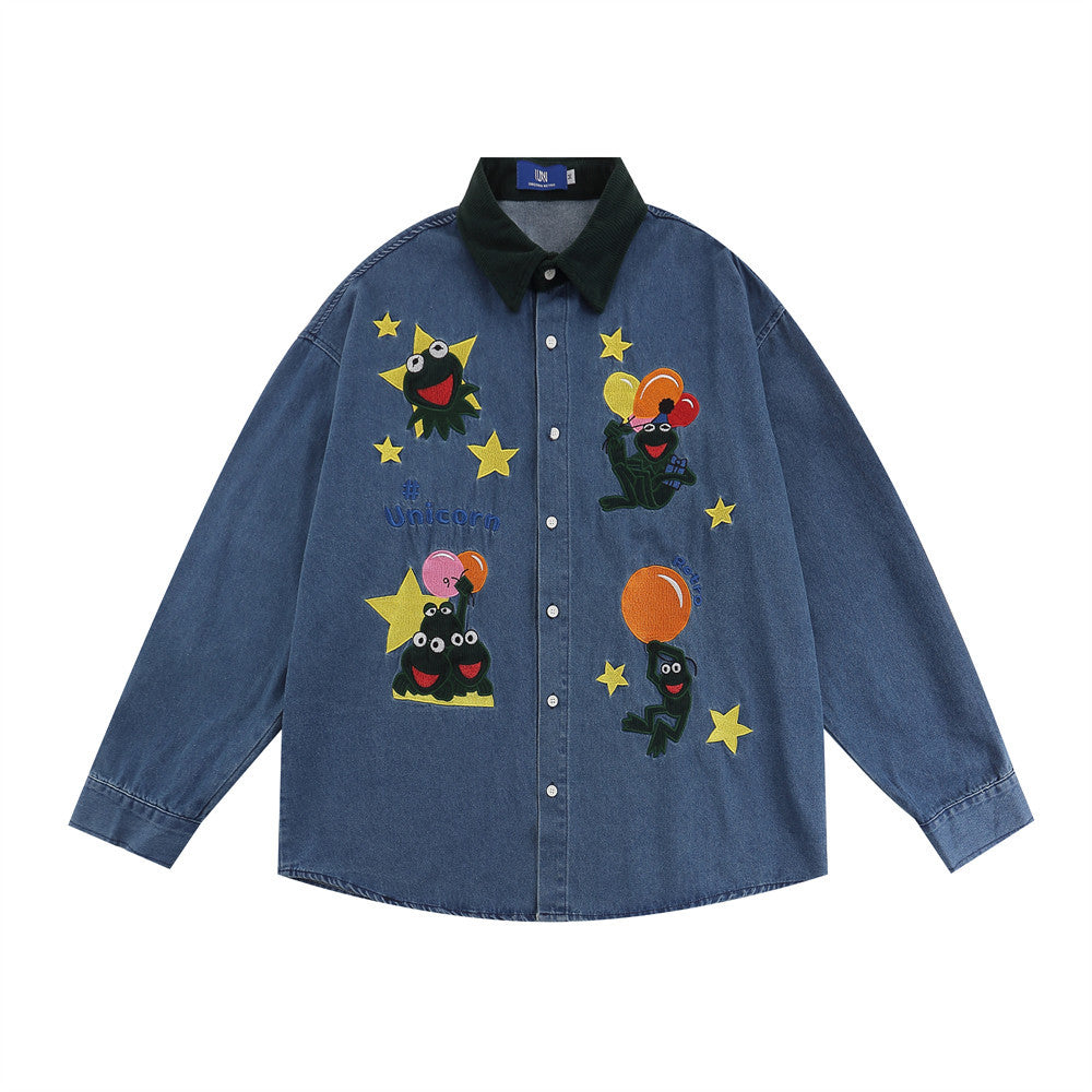 Retro Cartoon Animal Embroidery Denim Long Sleeve Shirt