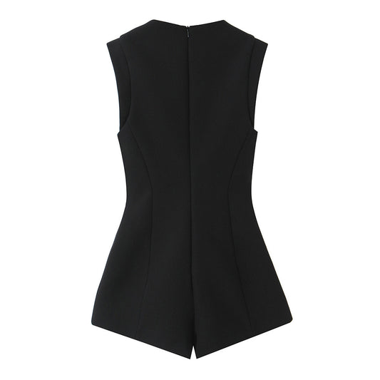 Womens Fashion Jewelry-Embellished Button-Trimmed Short Jumpsuit