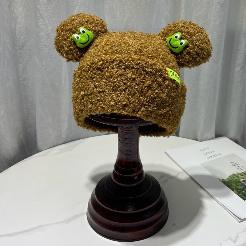 Japanese Cartoon Cute Frog Lambswool Bun Head Hat