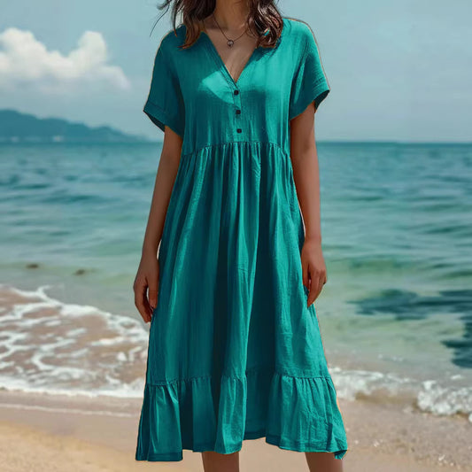 Solid-color Short-sleeve Fashionable Pleated Dress