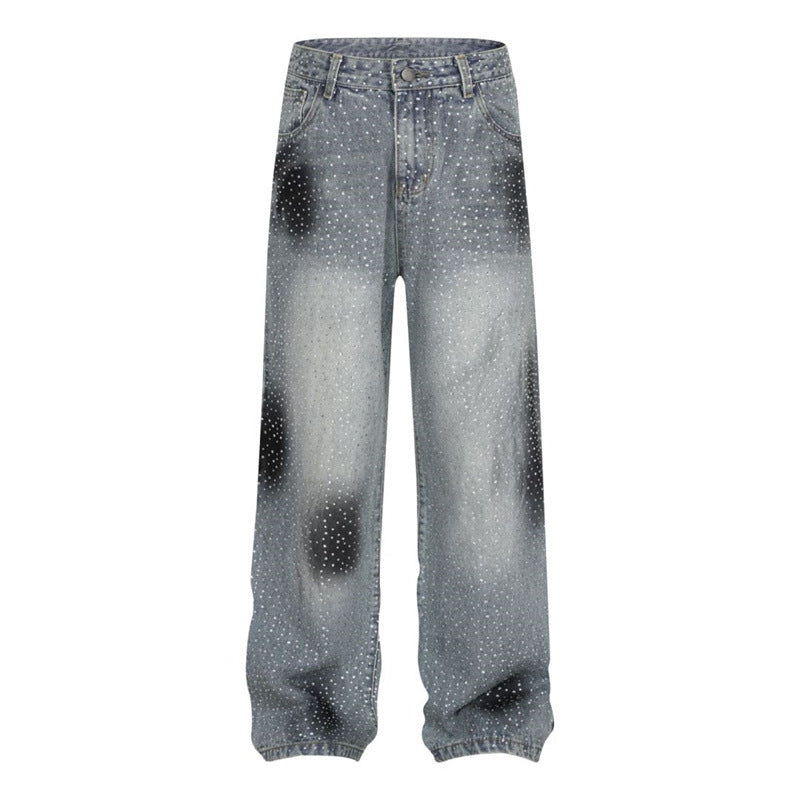 Special-interest Design Pants Rhinestone Loose Straight Wide Leg Casual Jeans