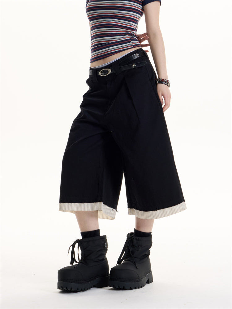 American Retro Hot Girl Patchwork Stripes Pleated Casual Shorts