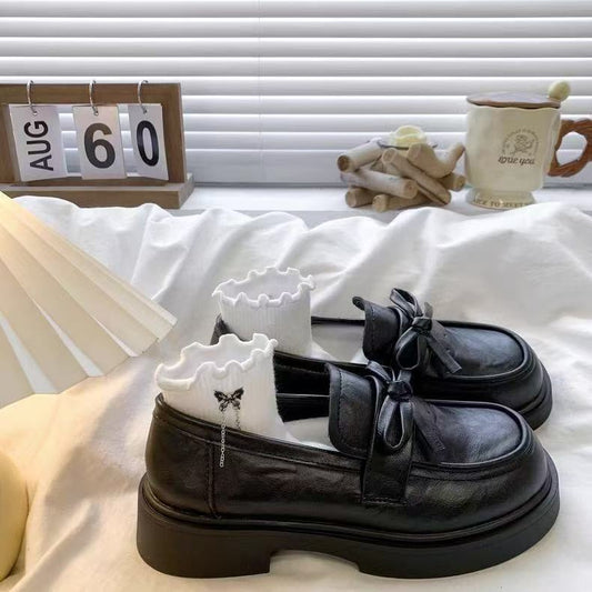 Bow Tie Black Chunky Soled Slip On Leather Shoes