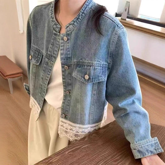 Retro Vasket Lille Krave Blonde Syning Løs Afslappet Denimjakke til Damer Kort