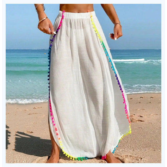 Colorful Tassel-patched Loose Asymmetrical Beach Pants