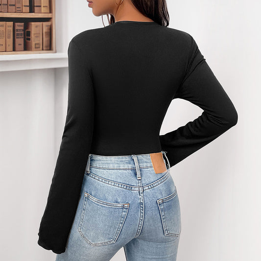 Sweet Style Design Three-dimensional Flower Decoration Black Long Sleeve Jumpsuit