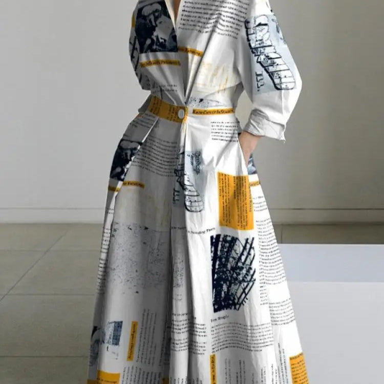 Fashionable Polo-neck Three-quarter-sleeve Loose-fit Flared Maxi Dress
