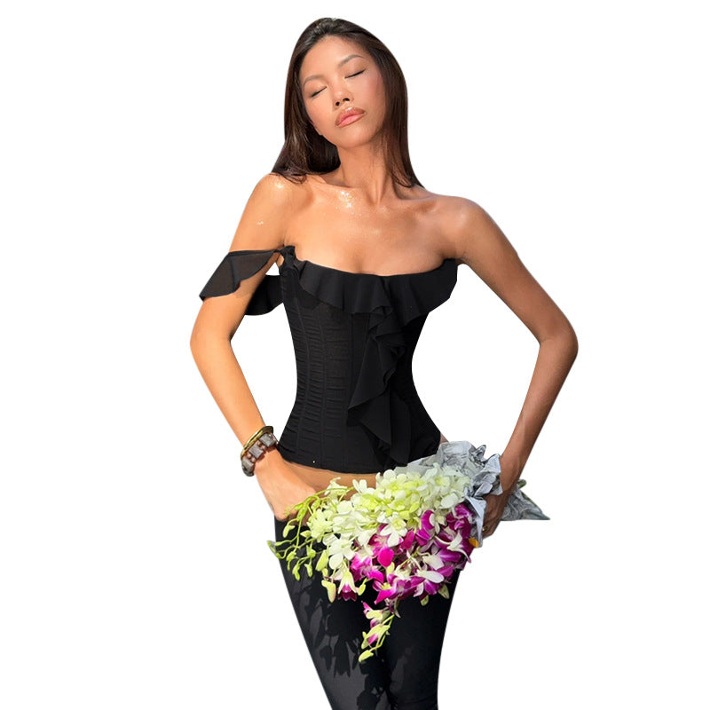 Sleeveless Ruffled Bustier Top With Pleated Waistband