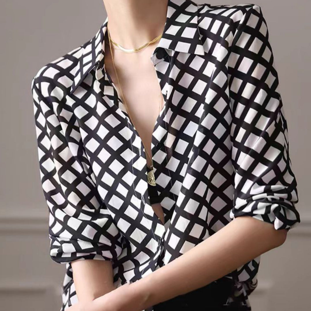 Womens Retro High-End Silk Satin Black And White Plaid Shirt