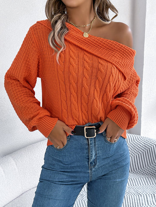Kvinder Afslappet Sexet Revers Off-Shoulder Kabelstrik Langærmet Pullover Trøje