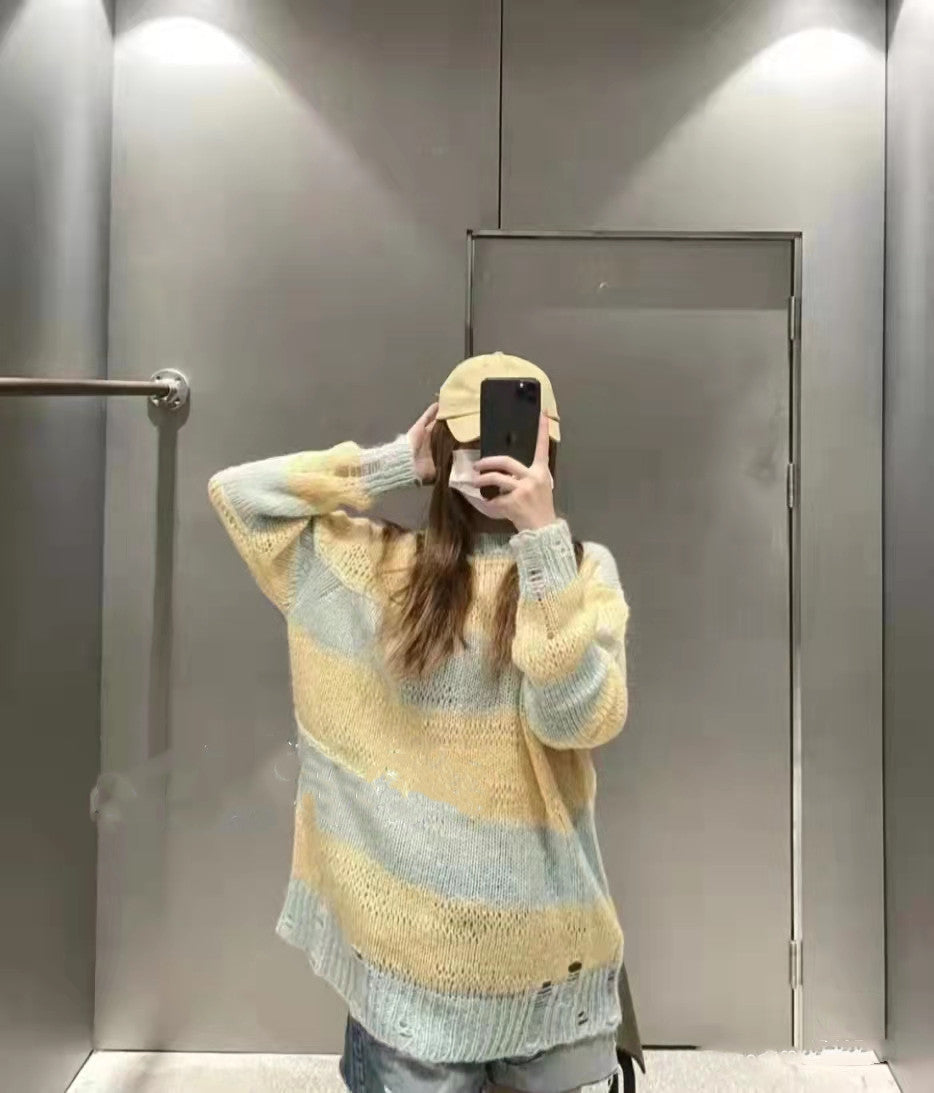Women's New Mohair Ripped Striped Thin Crew Neck Sweater