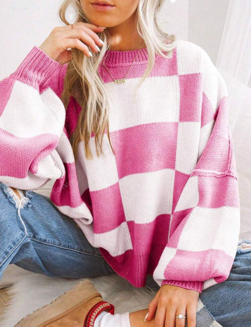 Contrast Color Checkerboard Loose And Lazy Style Stitching Sweater
