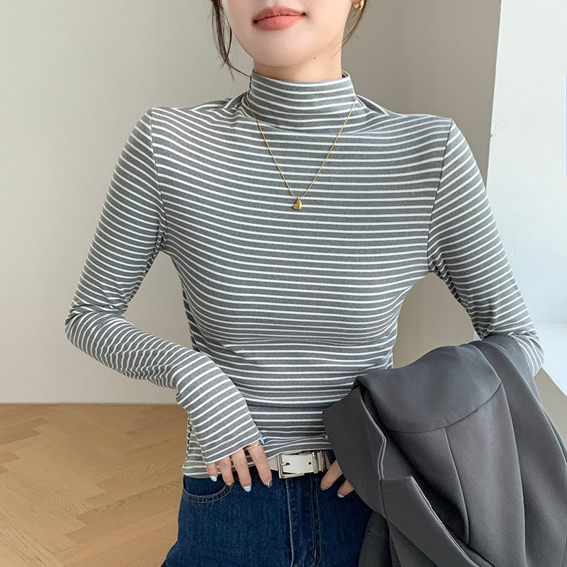 Half Collar Top Pinstripe Long-sleeved T-shirt