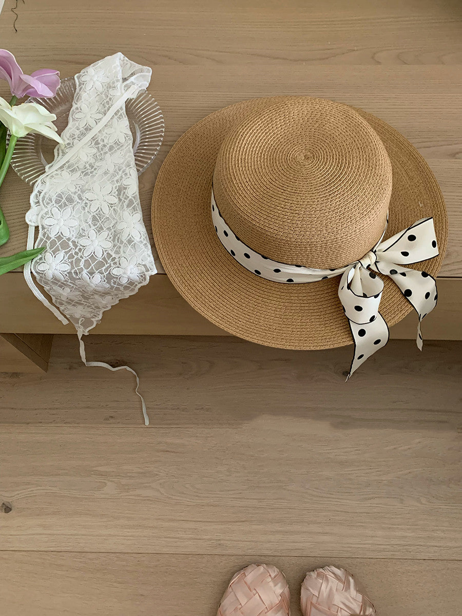 French Sweet Polka Dot Tie Ribbon Sun Hat