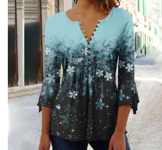 Bluse til kvinder med blomstret print, 3/4 ærmer, V-hals og knapper