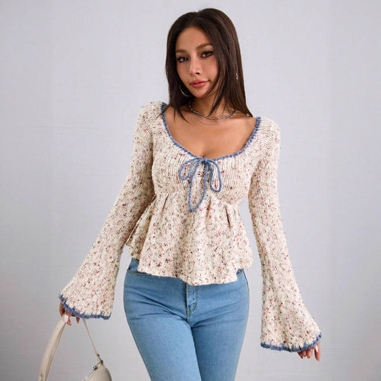 Women's Large V-neck Tie-neck Flared Sleeves Knitted Sweater