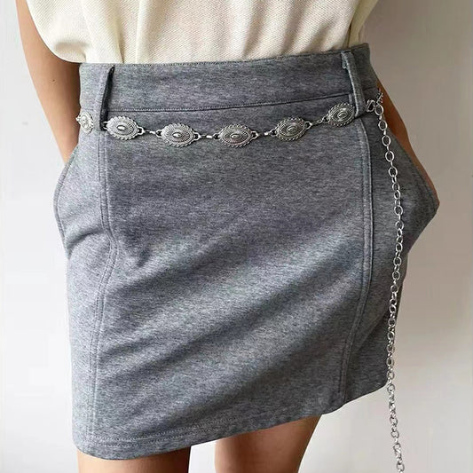 Retro National Style Carved Ancient Gold And Silver Metal Waist Chain Sexy Elegant Women's Dress Senior Sense Decorative Belt