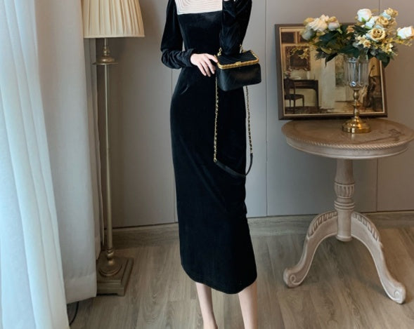 Slim Fit Slim Wrap Hip Black Velvet Dress