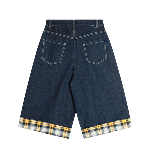 American Retro Plaid Large Pocket Stitching Cargo Shorts
