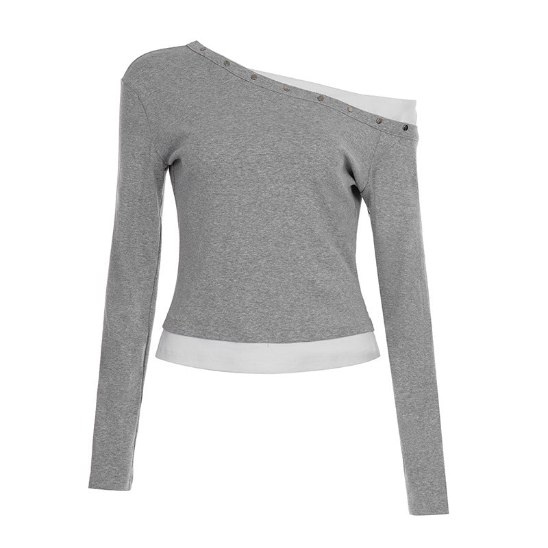 Designed As A Faux Two-piece This T-shirt Features A Slanted Shoulder And Contrasting Colors