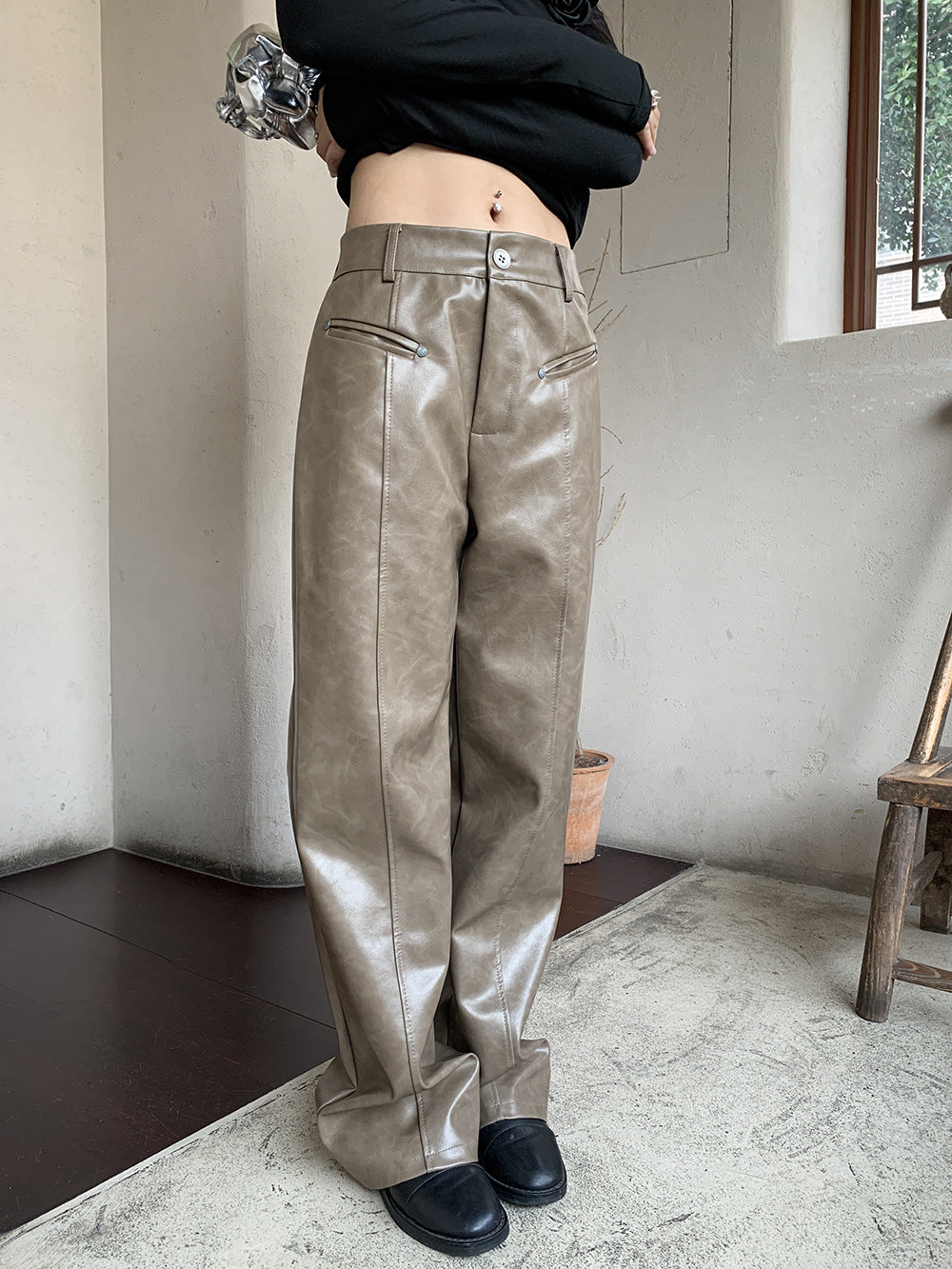 Women's Autumn And Winter PU Texture Casual Pants
