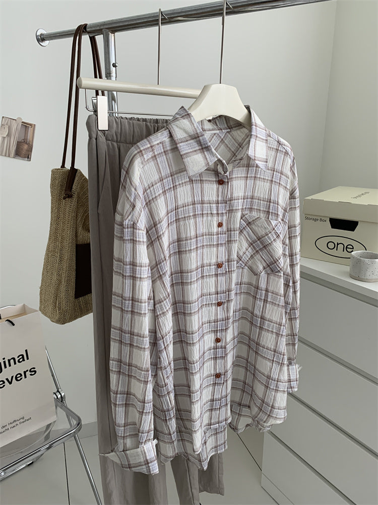 Women's Art Retro Washed Cotton Yarn Checkered Shirt