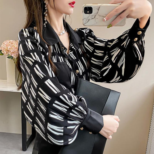 Letter Print Stitching Shirt Women's New Loose Lantern Sleeves
