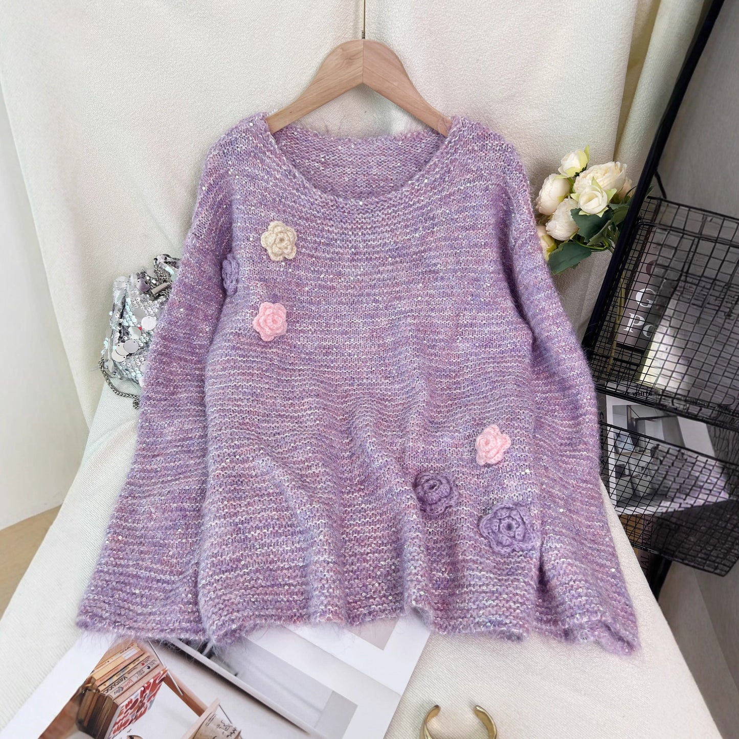 Sequined Knitted Pullover Round Neck Stitching Flower Fashion Sweater
