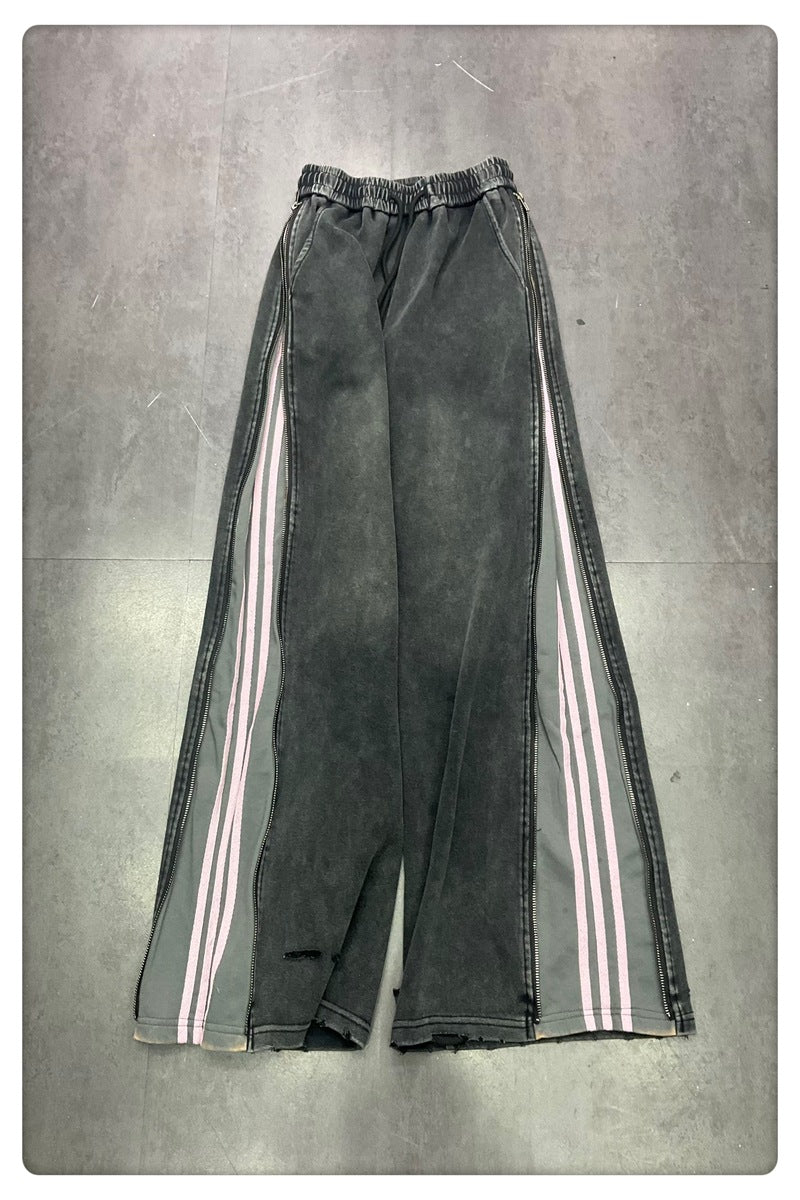 Design Sense Side Zipper Two-way Three Bars Mop Wide Leg Pants