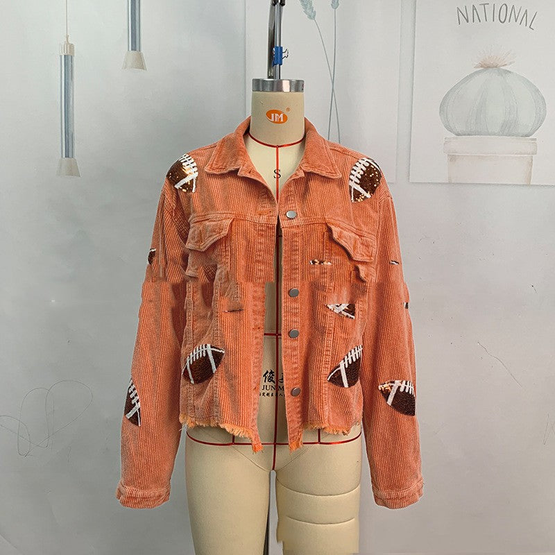 Sequined Embroidered Corduroy Rugby Wear Top