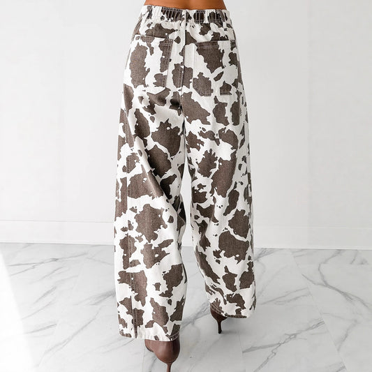 Washed Cow-patterned Wide-leg Jeans