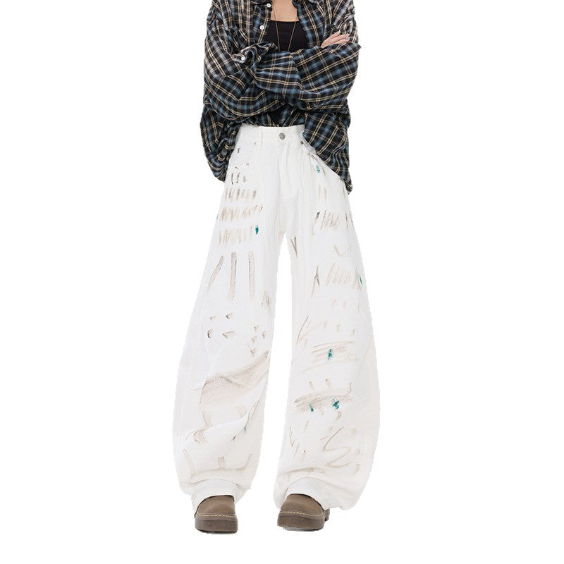 White Dirty Graffiti Machete Jeans For Women