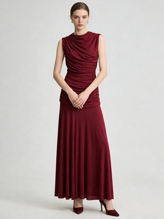 Sleeveless Turtleneck Dress With Gathered Waist