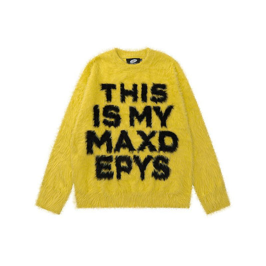 Retro Loose Letter Furry Round Neck Sweater