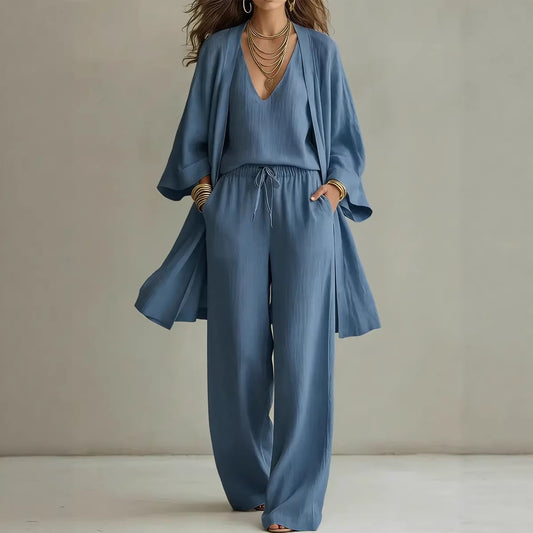 Womens Solid Color V-Neck Cardigan Vest With Pockets And Long Pants Three-Piece Set