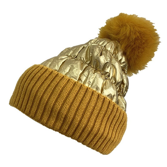 Women's Down Shiny Knit Hat With Fur Ball