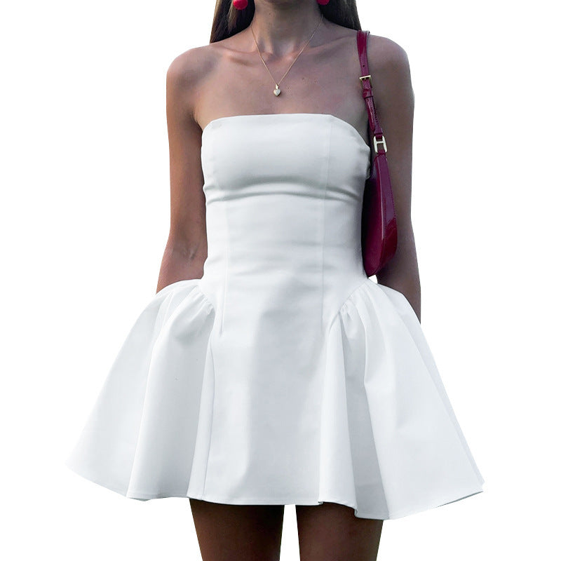 Womens Solid-Color Elegant Strapless High-Waist Pleated Dress