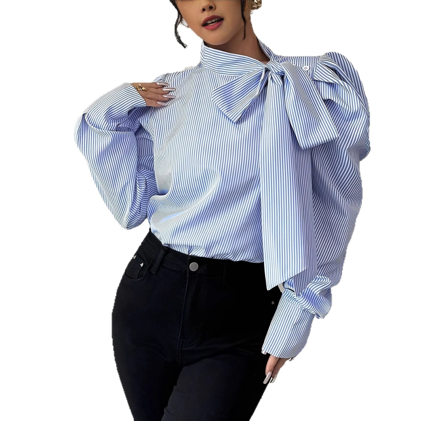 Elegant langærmet damebluse med sløjfe i halsen