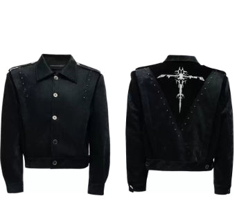 Heavy Rivet Embroidered Design Leather Short Jacket