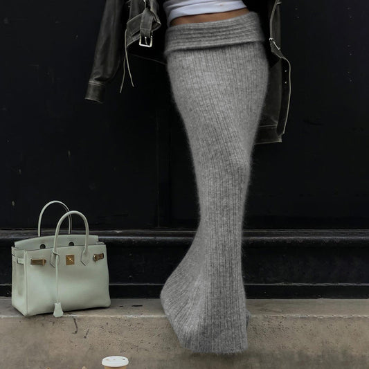 Polyester Fashion Solid Color Woolen Sheath Dress Simple Temperament Slimming Flanging Low Waist Hot Girl Tight Skirt