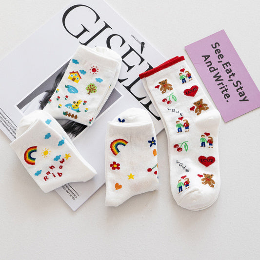 Female Ins Fashionable Tube Socks Cute Loving Rainbow Bear