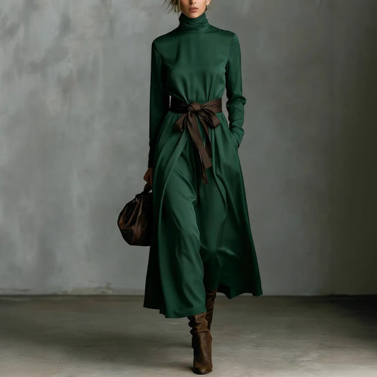 Mid-length Long-sleeve Dress With A Contrasting Belt