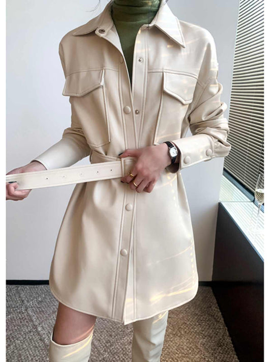 Retro White Shirt Leather Coat Women's Mid-length Cinched Blouse