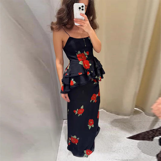 Floral Mesh Split Bodycon Skirt And Camisole Set For Women