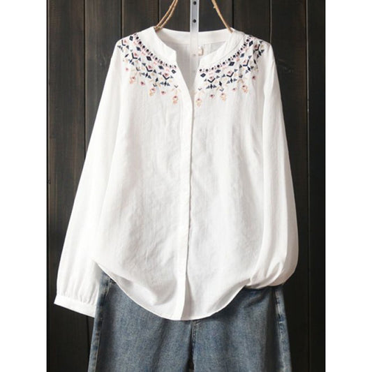 Womens Loose Versatile White Long-Sleeve Embroidered Shirt
