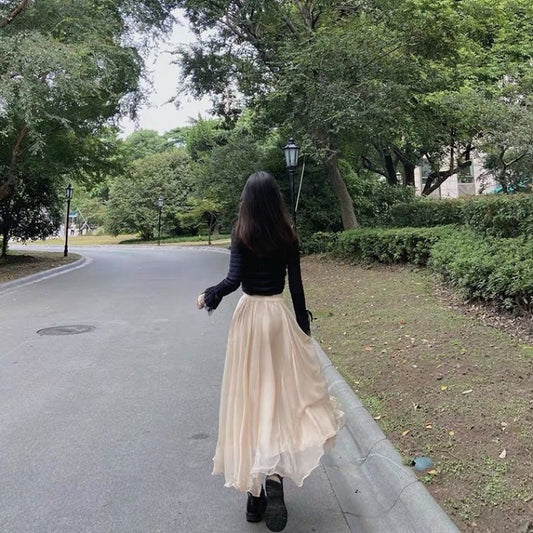 Oversized Wave Edge Gold Silk Chiffon Sparkling Pearl Skirt