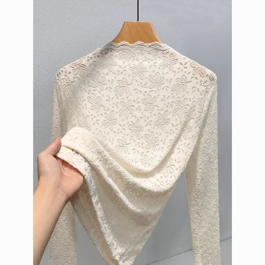 Womens Half-Turtleneck Fleece-Lined Brushed Lace Base Top