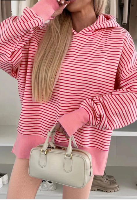 Striped Thumb Hole Side Seam Off-shoulder Loose Hoodie